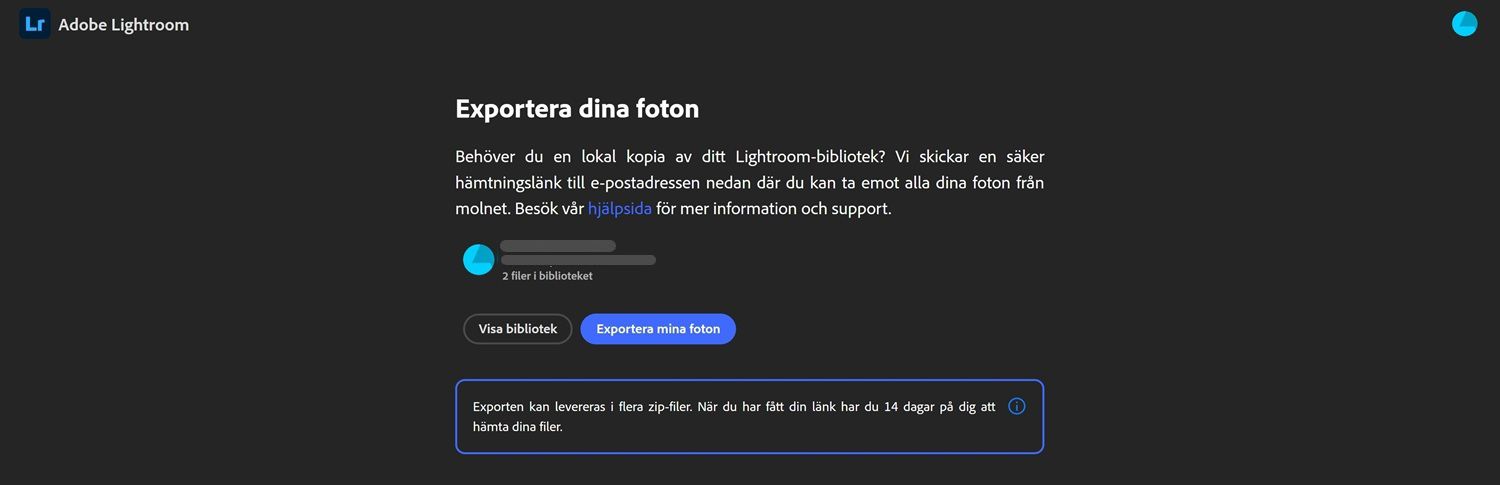 lightroom export-sida med användarens biblioteksinformation, knappar för att visa bibliotek eller export photos, och en anteckning om ett 14-dagars hämtningsfönster.