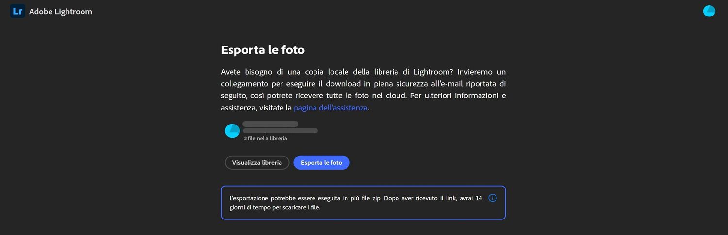 Pagina di esportazione di lightroom con informazioni sulla libreria dell'utente, pulsanti per visualizzare la libreria o esportare le foto e una nota sulla finestra di download di 14 giorni.