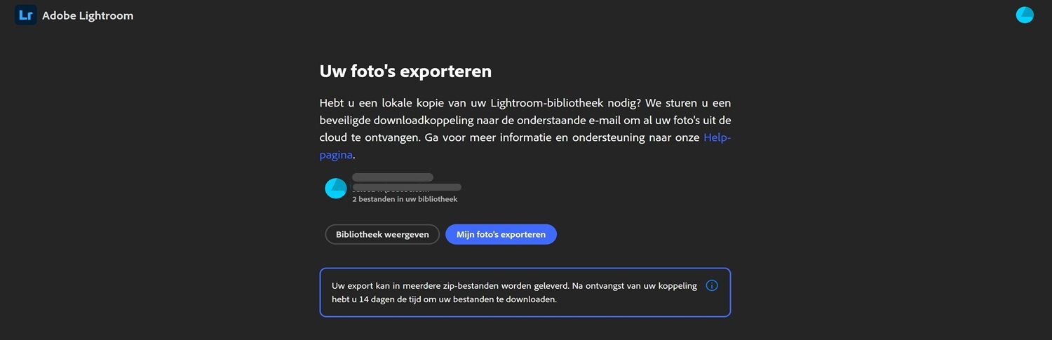 lightroom exportpagina met gebruikersbibliotheekinfo, knoppen om bibliotheek weer te geven of foto's te exporteren, en een opmerking over een downloadvenster van 14 dagen.