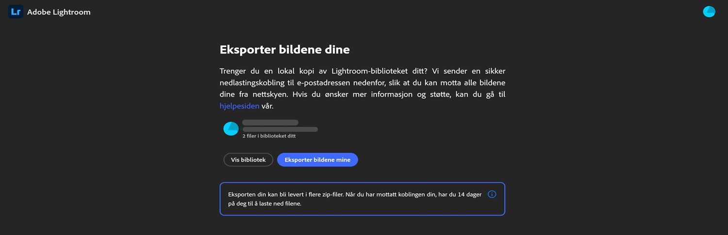 lightroom-eksportside med brukerbibliotekinfo, knapper for å vise bibliotek eller eksportere bilder, og et notat om et 14-dagers nedlastingsvindu.