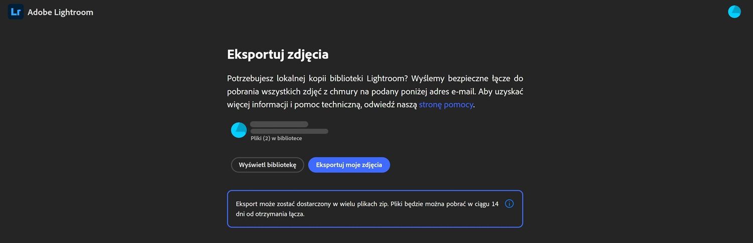 Strona eksportu programu Lightroom z informacjami o bibliotece użytkownika, przyciskami do wyświetlania biblioteki lub eksportowania zdjęć oraz uwagą o 14-dniowym oknie pobierania.