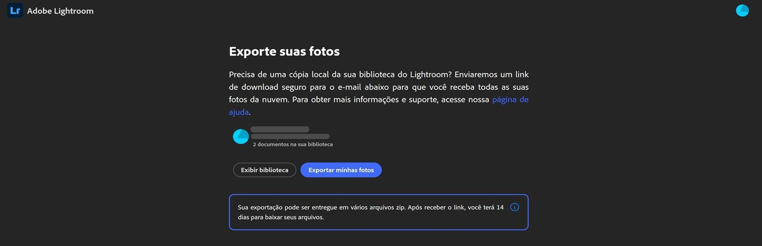 Página de exportação do Lightroom com informações da biblioteca do usuário, botões para visualizar biblioteca ou exportar fotos e uma observação sobre a janela de download de 14 dias.