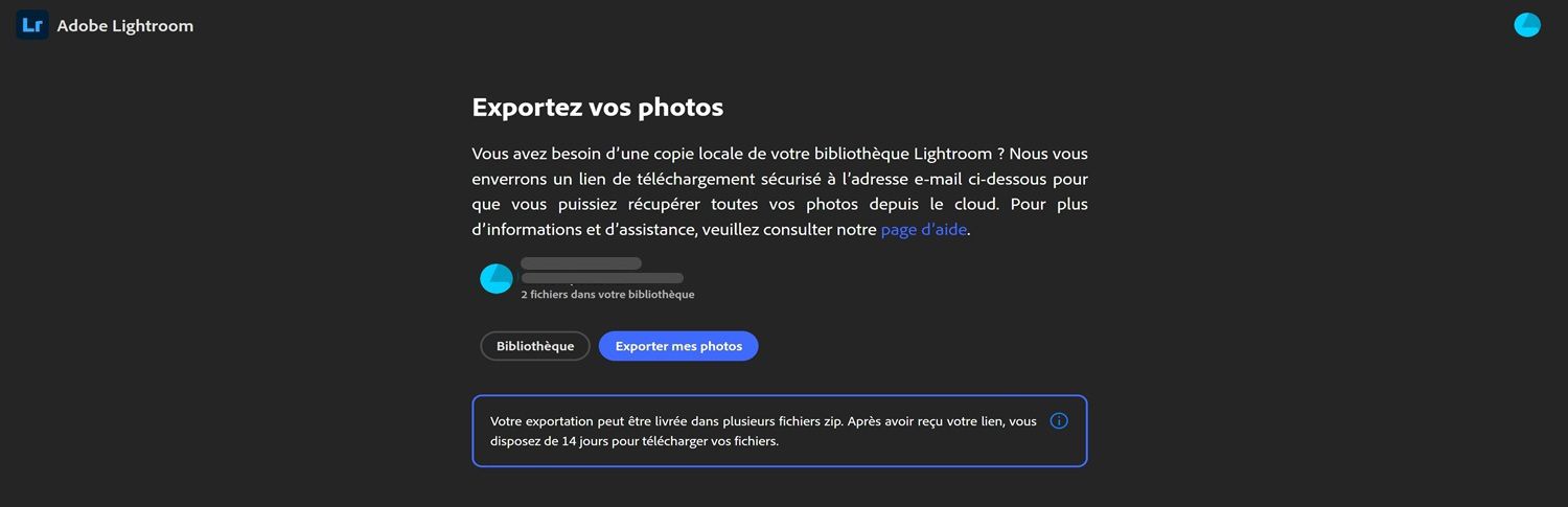 Page d’export Lightroom avec les informations de la bibliothèque de l’utilisateur, les boutons pour afficher la bibliothèque ou exporter les photos, et une remarque concernant une fenêtre de téléchargement de 14 jours.