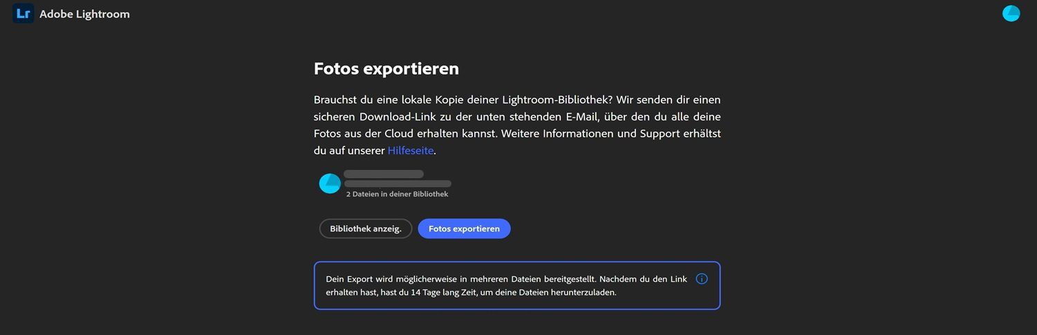 Lightroom-Export-Seite mit Anwender-Bibliothek-Informationen, Schaltflächen zum Anzeigen der Bibliothek oder Exportieren von Fotos und einem Hinweis über ein 14-tägiges Download-Fenster.