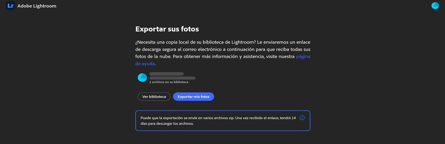 Página de exportación de lightroom con información de la biblioteca del Usuario, botones para ver la biblioteca o exportar fotos, y una nota sobre una ventana de descarga de 14 días.