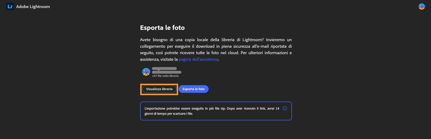 Pagina di esportazione di lightroom con informazioni sulla libreria dell'utente, pulsanti per visualizzare la libreria o esportare le foto e una nota sulla finestra di download di 14 giorni.