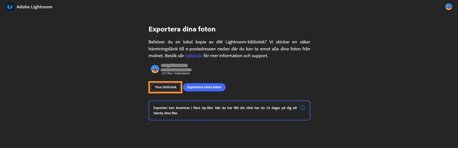 lightroom export-sida med användarens biblioteksinformation, knappar för att visa bibliotek eller export photos, och en anteckning om ett 14-dagars hämtningsfönster.