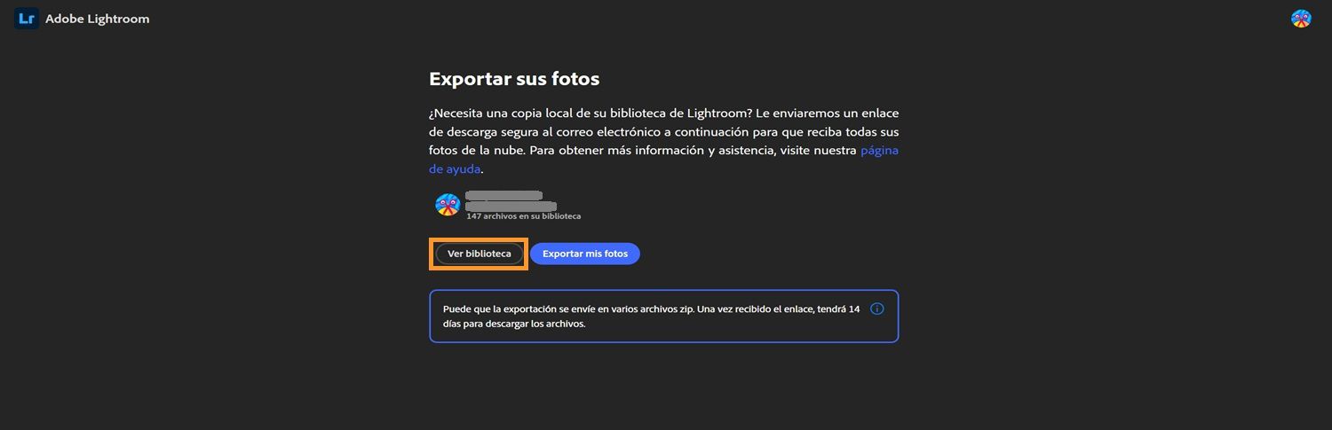 Página de exportación de lightroom con información de la biblioteca del Usuario, botones para ver la biblioteca o exportar fotos, y una nota sobre una ventana de descarga de 14 días.