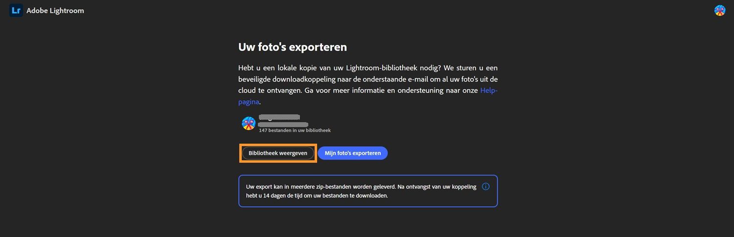 lightroom exportpagina met gebruikersbibliotheekinfo, knoppen om bibliotheek weer te geven of foto's te exporteren, en een opmerking over een downloadvenster van 14 dagen.
