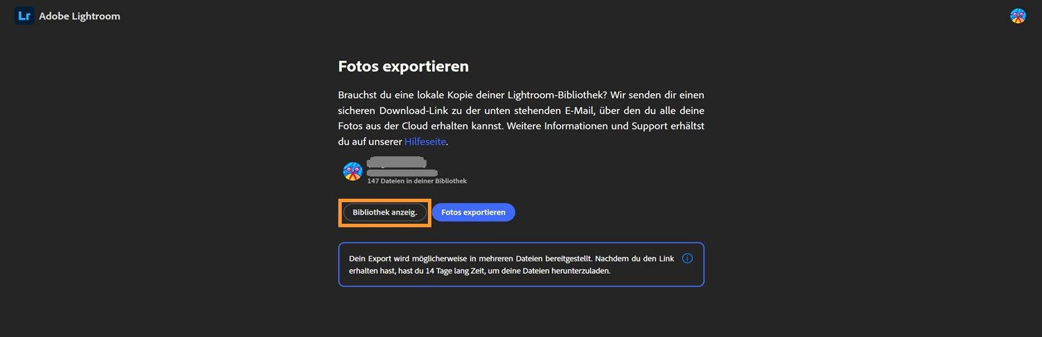 Lightroom-Export-Seite mit Anwender-Bibliothek-Informationen, Schaltflächen zum Anzeigen der Bibliothek oder Exportieren von Fotos und einem Hinweis über ein 14-tägiges Download-Fenster.