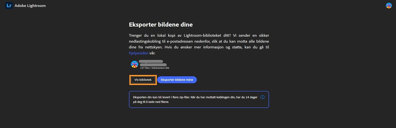 lightroom-eksportside med brukerbibliotekinfo, knapper for å vise bibliotek eller eksportere bilder, og et notat om et 14-dagers nedlastingsvindu.