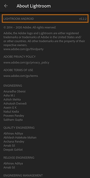 Wersja aplikacji Lightroom