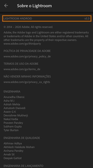 Versão do Lightroom