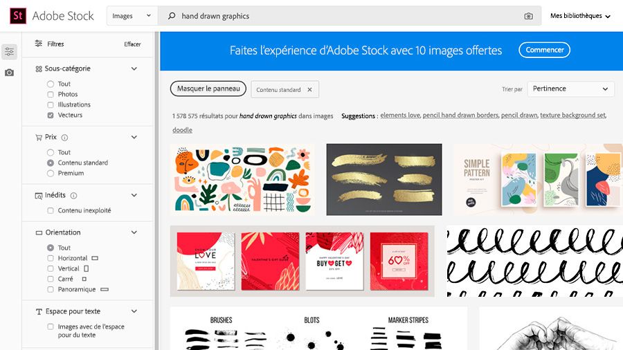 Site web Adobe Stock affiché dans un navigateur et « hand drawn graphics » saisi dans le champ de recherche