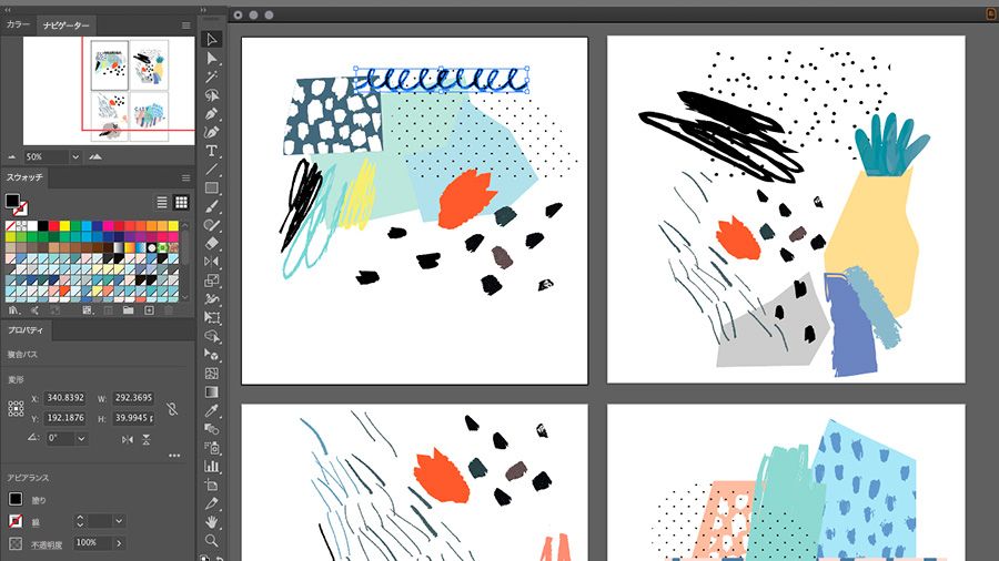Illustratorの複数のアートボードに様々な手描きベクターグラフィックが表示されている
