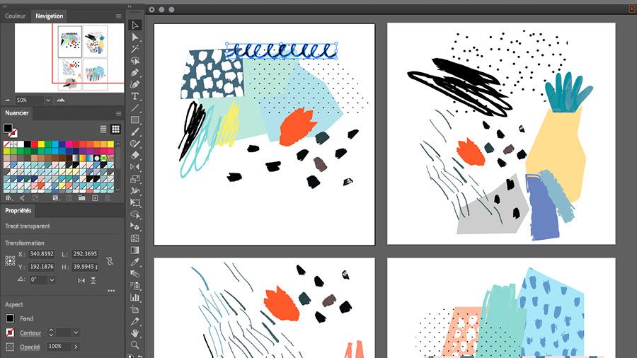 Plusieurs plans de travail Illustrator contenant différents dessins réalisés à la main