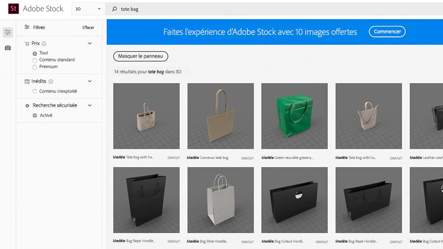 Site web Adobe Stock affiché dans un navigateur avec des modèles 3D sélectionnés et « tote bag » saisi dans le champ de recherche