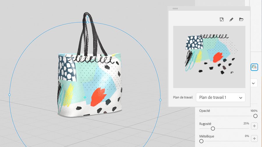 Panneau Actions de Dimension et application de l'illustration au modèle 3D de sac en toile