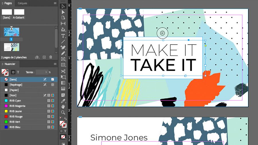 Mise en page de carte de visite InDesign après positionnement de l'illustration et personnalisation du texte en fonction de la campagne