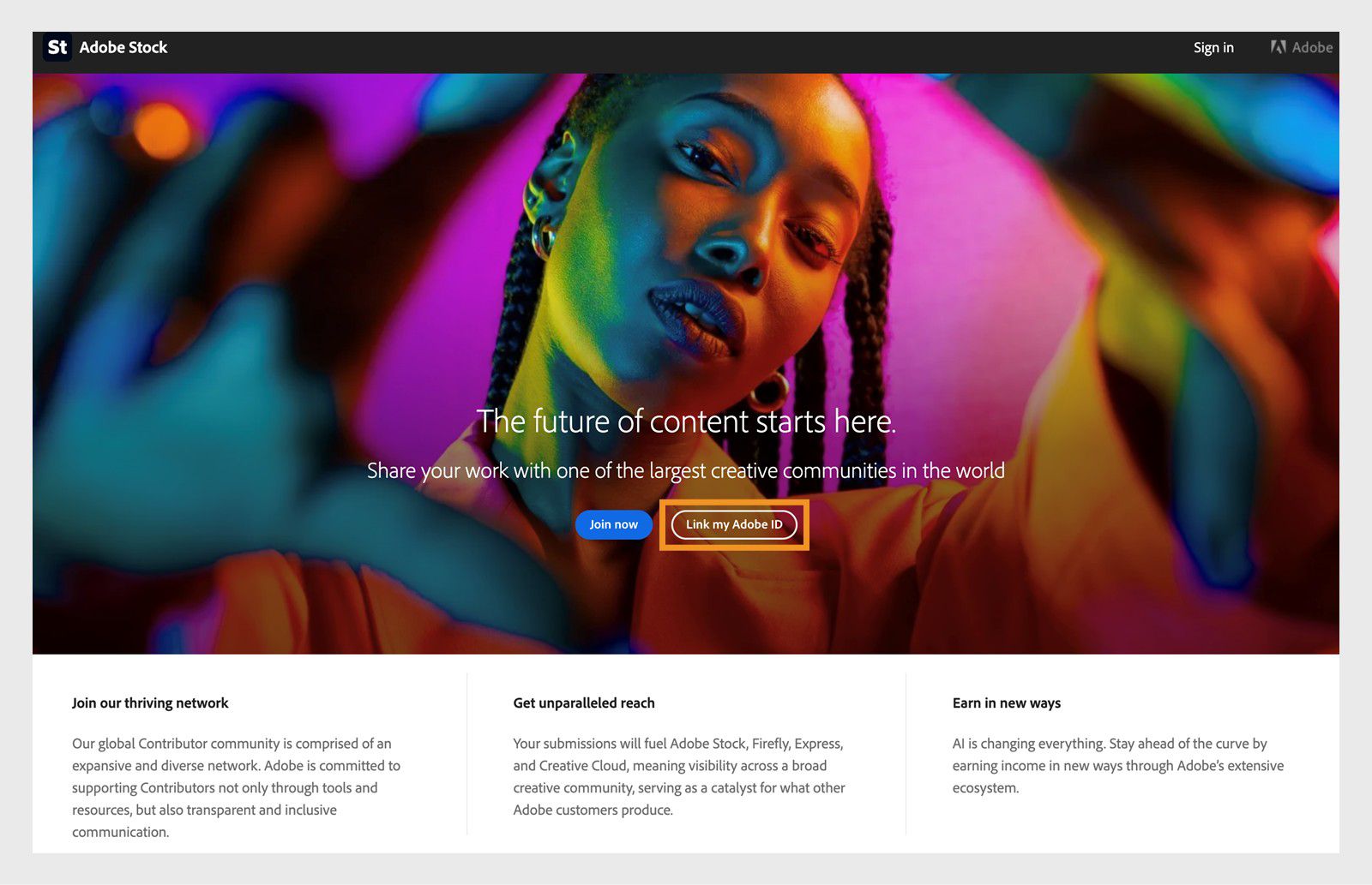 Tlačítko Propojit mé Adobe ID, dostupné na domovské stránce Adobe Stock, vám umožňuje použít stávající účet Adobe k registraci jako Stock Contributor.