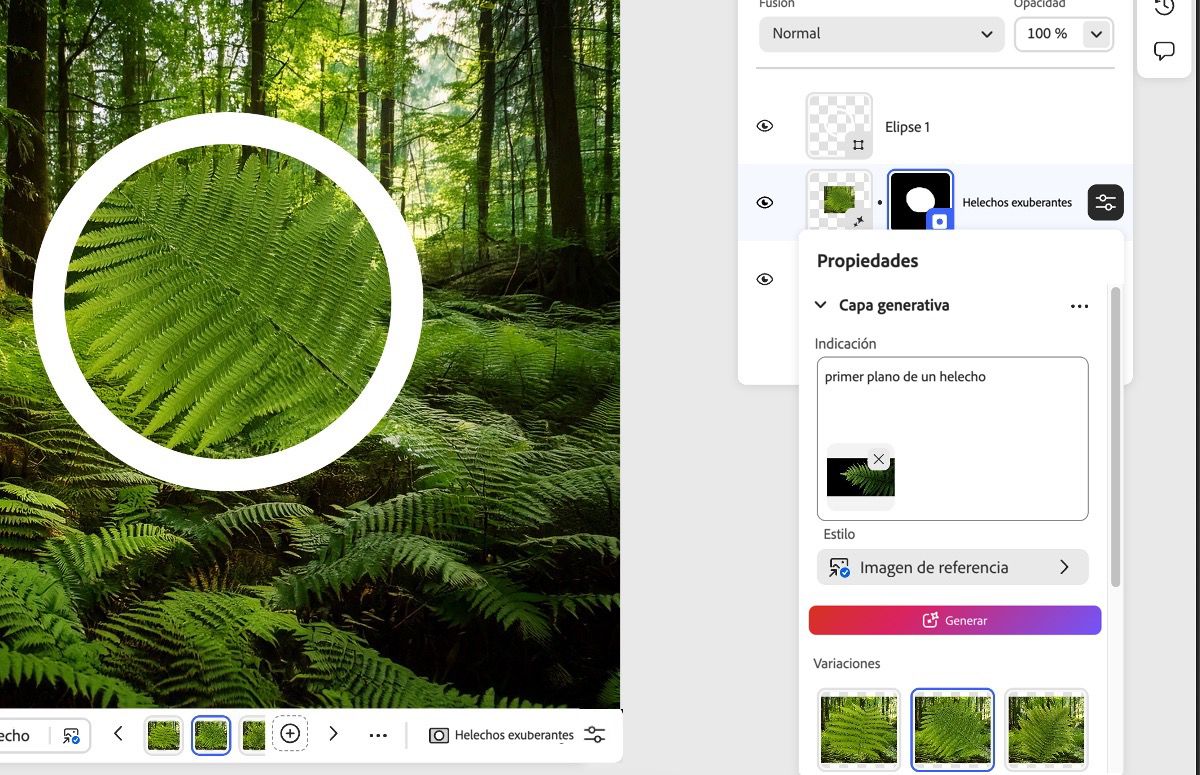 La aplicación Photoshop en la web se abre y el panel Propiedades se activa, con la opción para generar una imagen y añadirla directamente al lienzo.