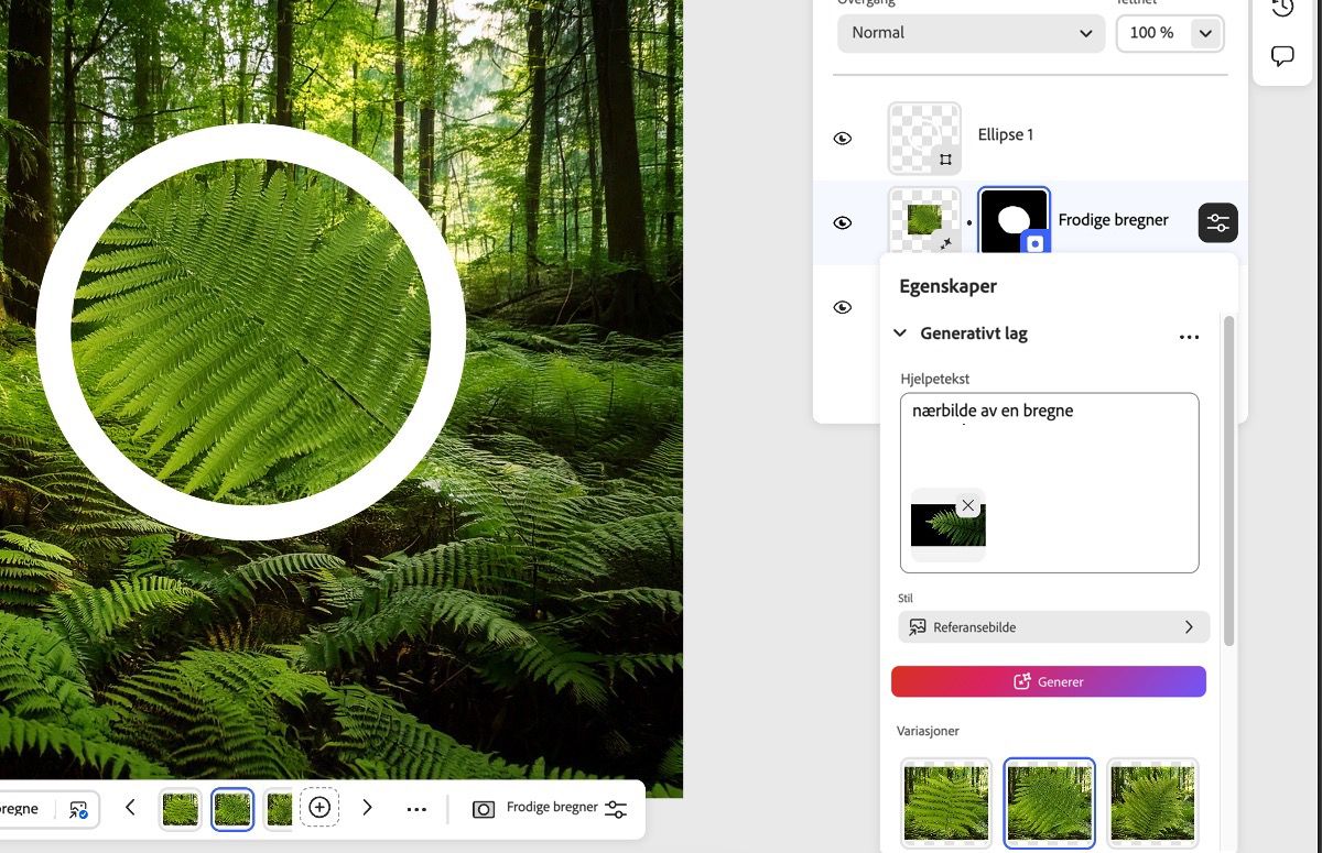 Photoshop-appen på nettet er åpen, og Egenskaper-panelet er aktivt med muligheten til å generere et bilde og legge det til direkte på lerretet.