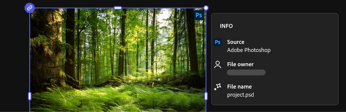 The uploaded PSD file is selected on the canvas and it is stamped as a Photoshop file. It has details of the file such as Source, File owner, and File name.