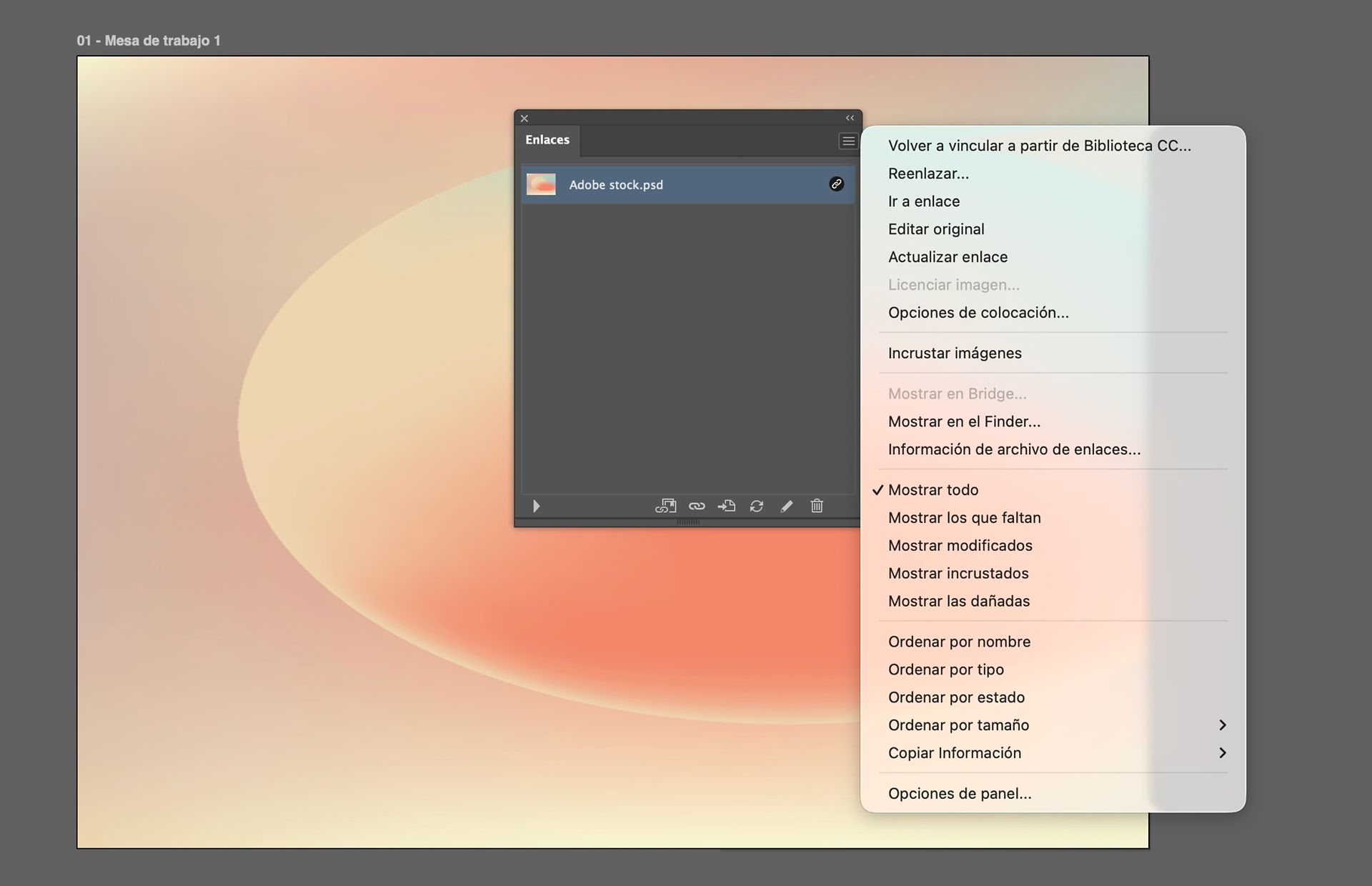 El panel Enlaces de Illustrator que muestra un archivo vinculado seleccionado y el menú del panel con las opciones de administración de vínculos mostradas.