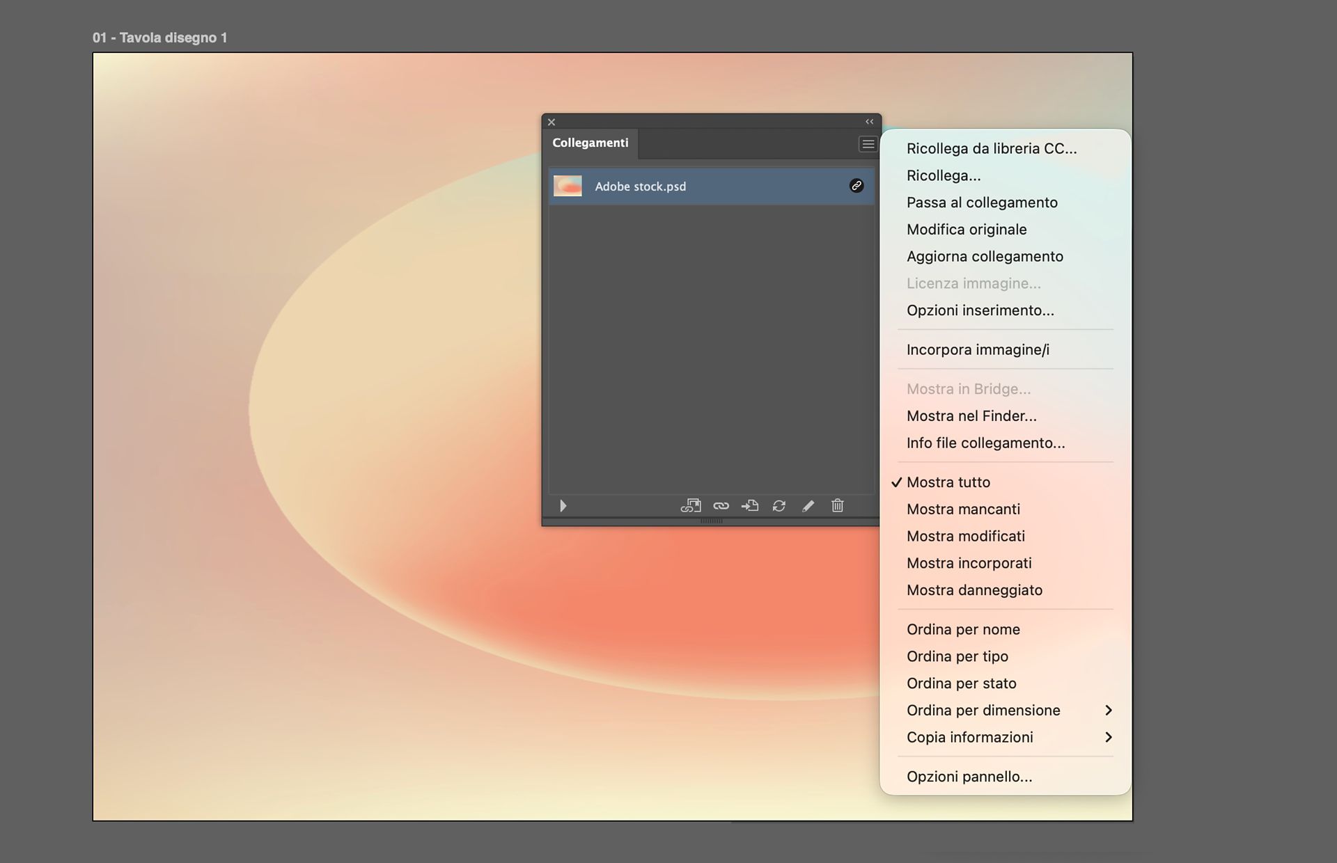 Pannello Collegamenti di Illustrator che mostra un file collegato selezionato e il menu del pannello con le opzioni di gestione dei collegamenti visualizzate.