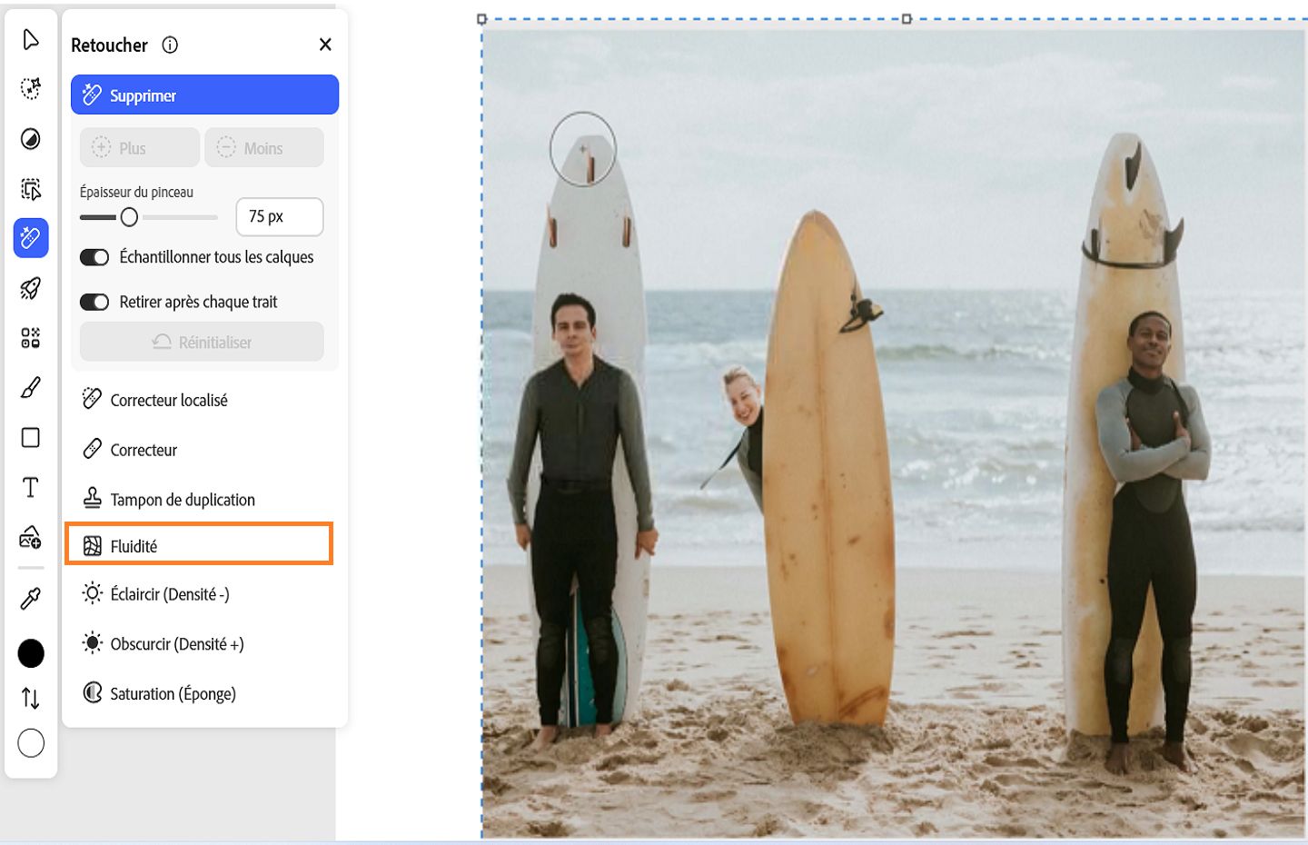 Le panneau Retoucher affiche l’outil Fluidité en surbrillance, qui est utilisé pour déformer, retoucher et améliorer les images.