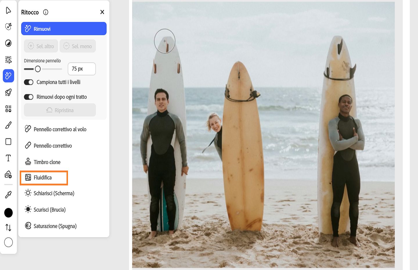 Il pannello Ritocco mostra lo strumento Fluidifica evidenziato, che viene utilizzato per distorcere, ritoccare e migliorare le immagini.