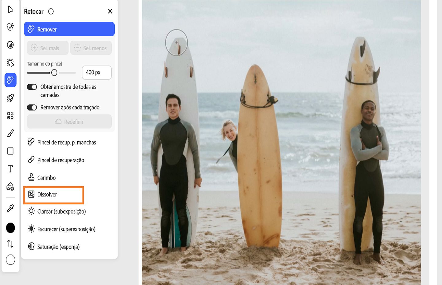 O painel Retocar mostra a ferramenta Dissolver destacada, que é usada para distorcer, retocar e aprimorar imagens.