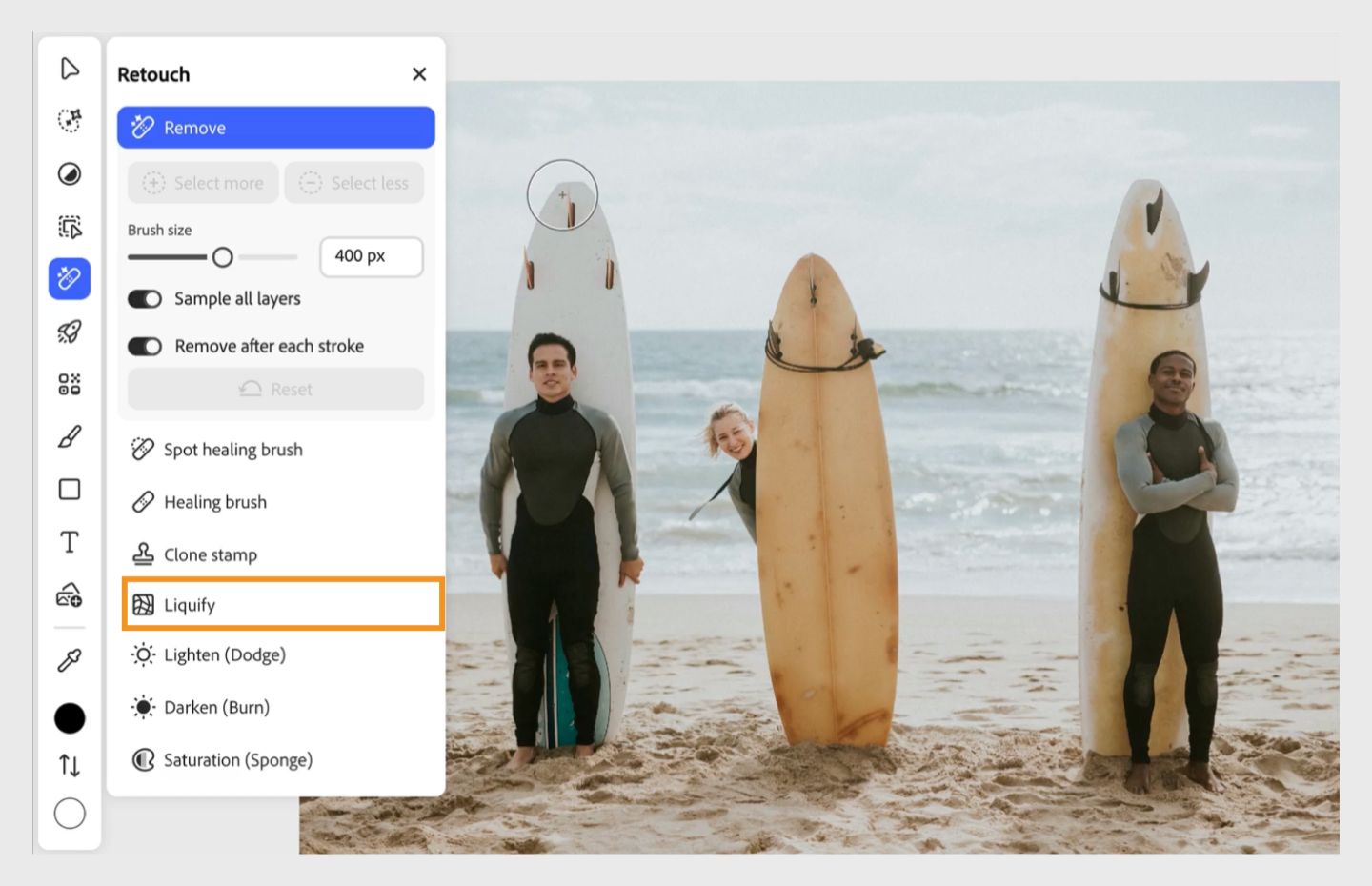 The Retouch panel shows the highlighted Liquify tool, which is used to distort, retouch, and enhance images.