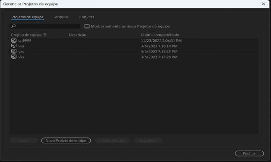 Pesquisar e filtrar projetos de equipe usando a caixa de diálogo Gerenciar projetos de equipe.