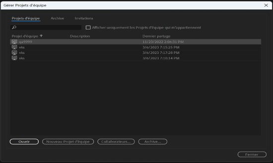 Recherchez et filtrez le projets Team Projects à l’aide de la boîte de dialogue Gérer les projets Team Projects.