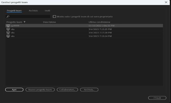 Cerca e filtra i progetti team utilizzando la finestra di dialogo Gestisci progetti team.