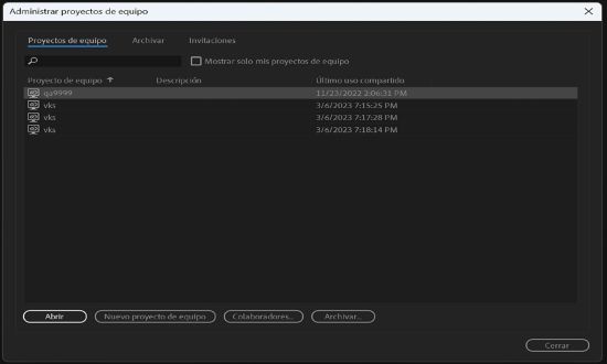 Busque y filtre Proyectos de equipo utilizando el cuadro de diálogo Administrar proyectos de equipo.