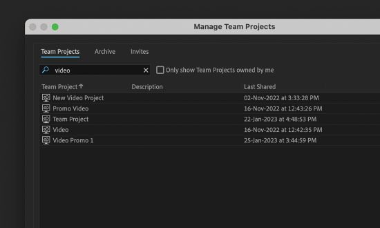 Search and filter Team Projects using the Manage Team Projects dialog.