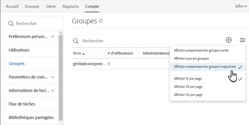Liste des groupes supprimés