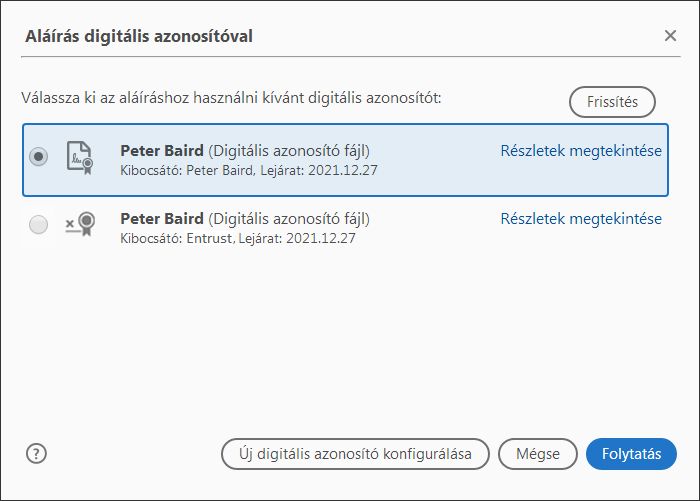Válasszon ki egy digitális azonosítót a listából