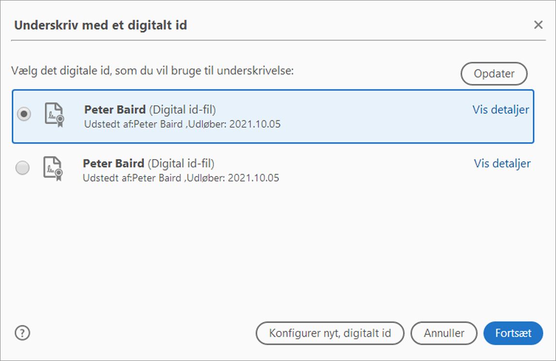 Vælg et digitalt id på listen