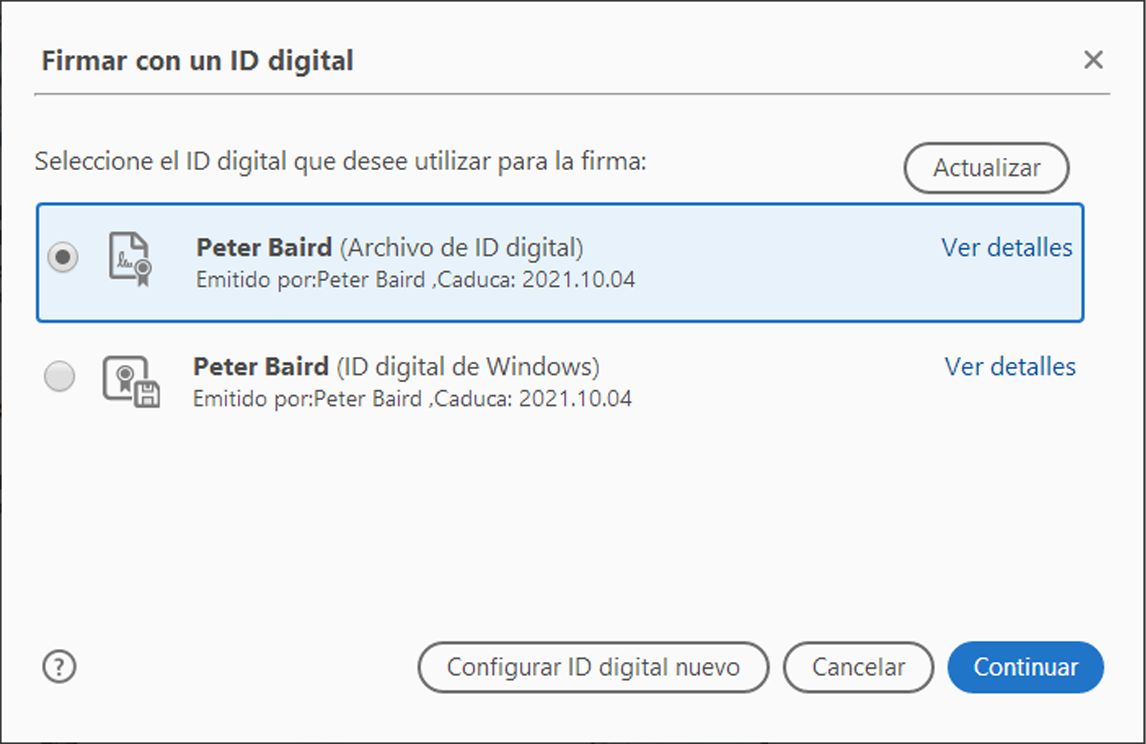 Seleccione un ID digital de la lista