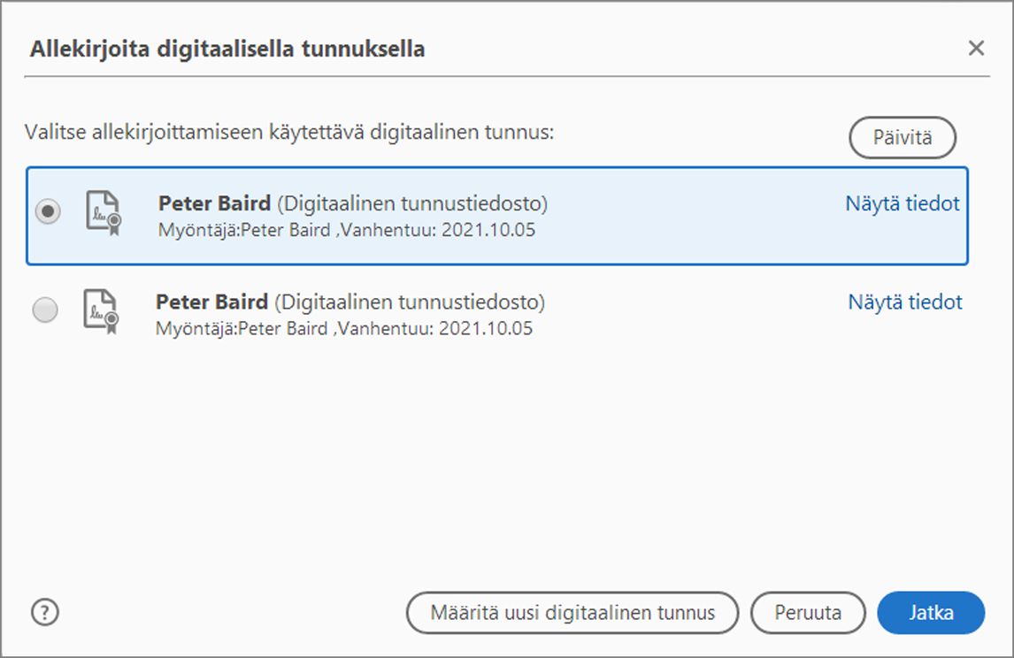 Valitse digitaalinen tunnus luettelosta