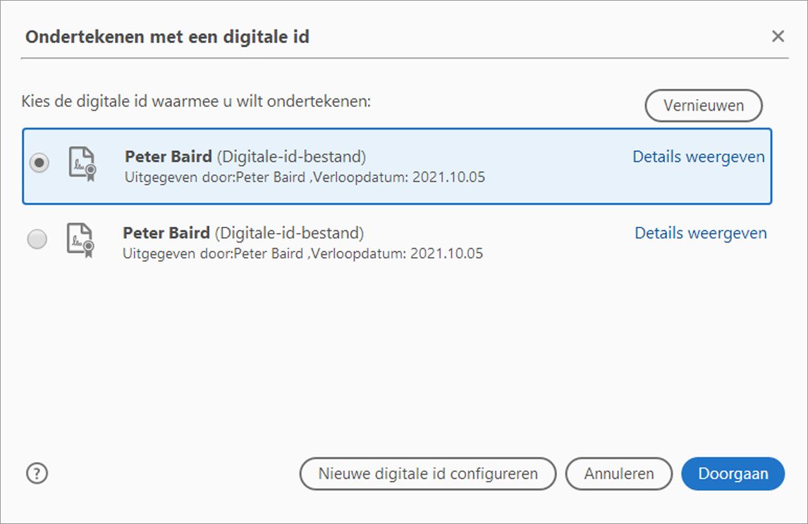 Een digitale id uit de lijst kiezen