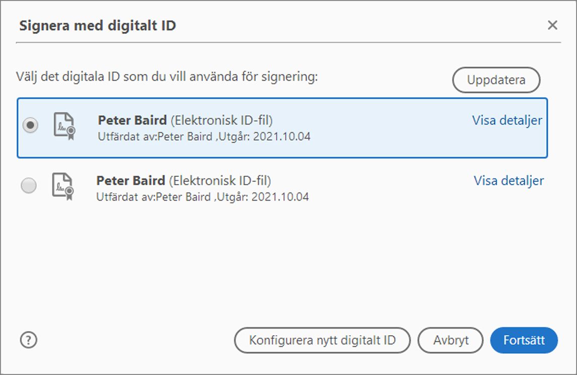 Välj ett digitalt ID i listan