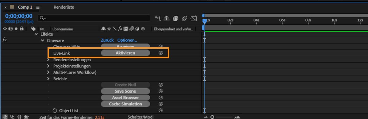 Die Cinema 4D-Eigenschaften sind im Bedienfeld „Ebenen“ geöffnet und die Schaltfläche „Aktivieren“ für Live Link ist aktiviert.