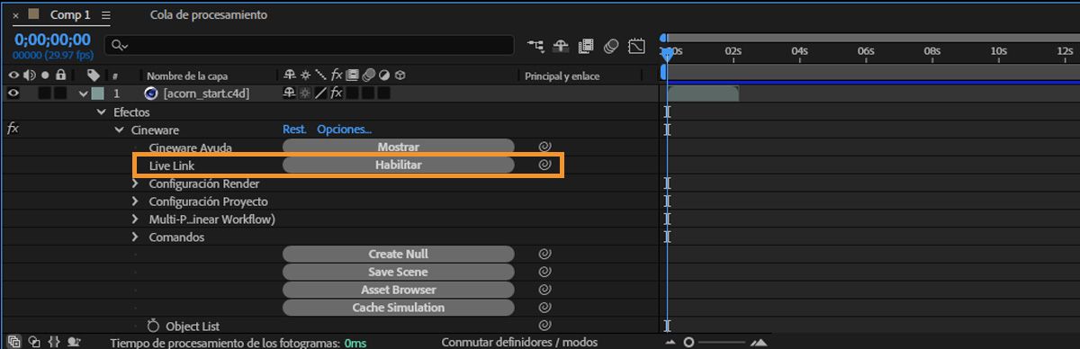 Las propiedades de Cinema 4D están abiertas, en el panel Capas, y el botón Habilitar para Live Link está activo.