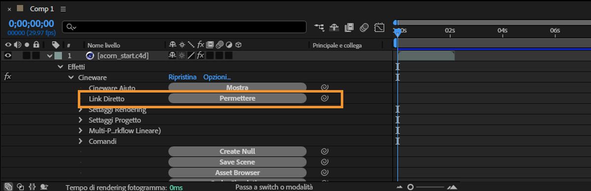 Le proprietà di Cinema 4D sono aperte nel pannello Livelli e il pulsante Abilita per Live Link è attivo.