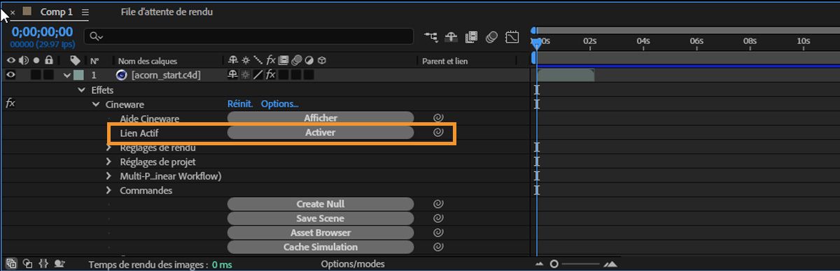 Les propriétés Cinema 4D sont ouvertes dans le panneau Calques et le bouton Activer pour Live Link est actif.