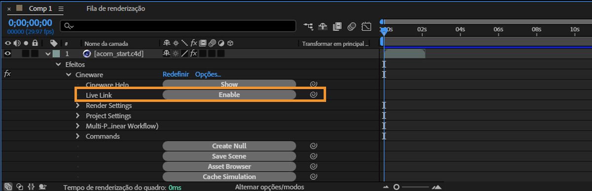 As propriedades do Cinema 4D abertas no painel Camadas, com o botão Habilitar do Live Link ativo.